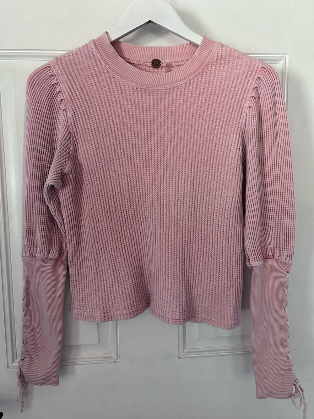 Free People Light Pink Waffle Knit Long Sleeve Top with Lace-Up Cuffs